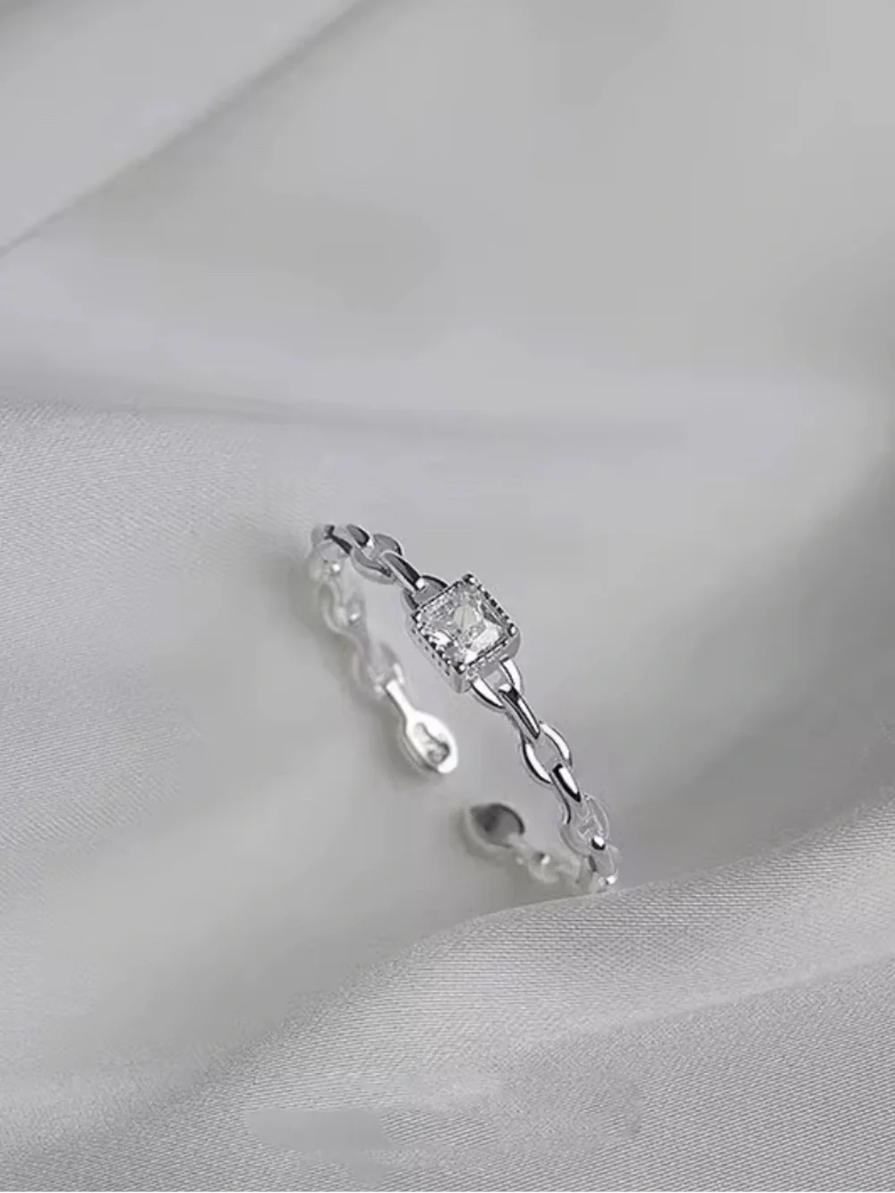 Sterling Silver Chain Ring with Square CZ Accent Minimalist